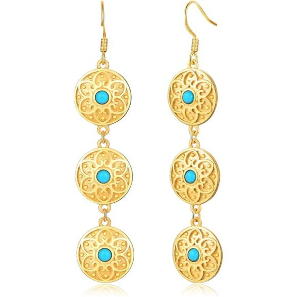 Turquoise Dangle Earrings Gold Plated Boho Filigree Sterling Silver Hooks